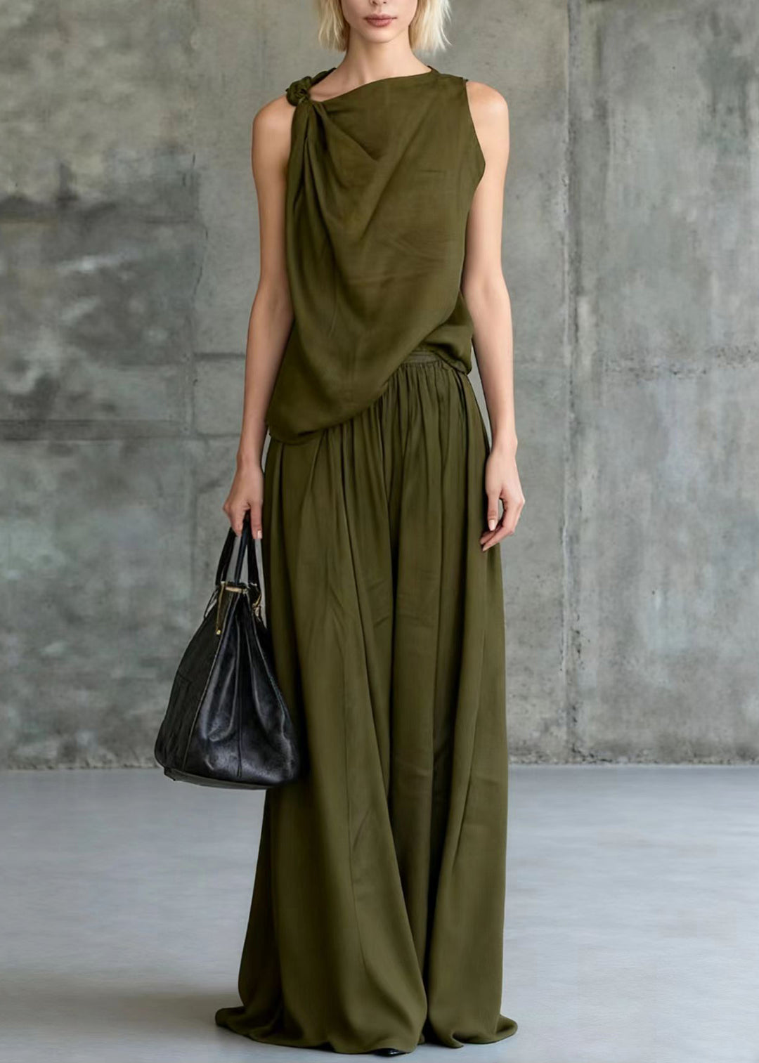 Style Army Green One Shoulder Knotted Cotton Two Piece Set Sleeveless