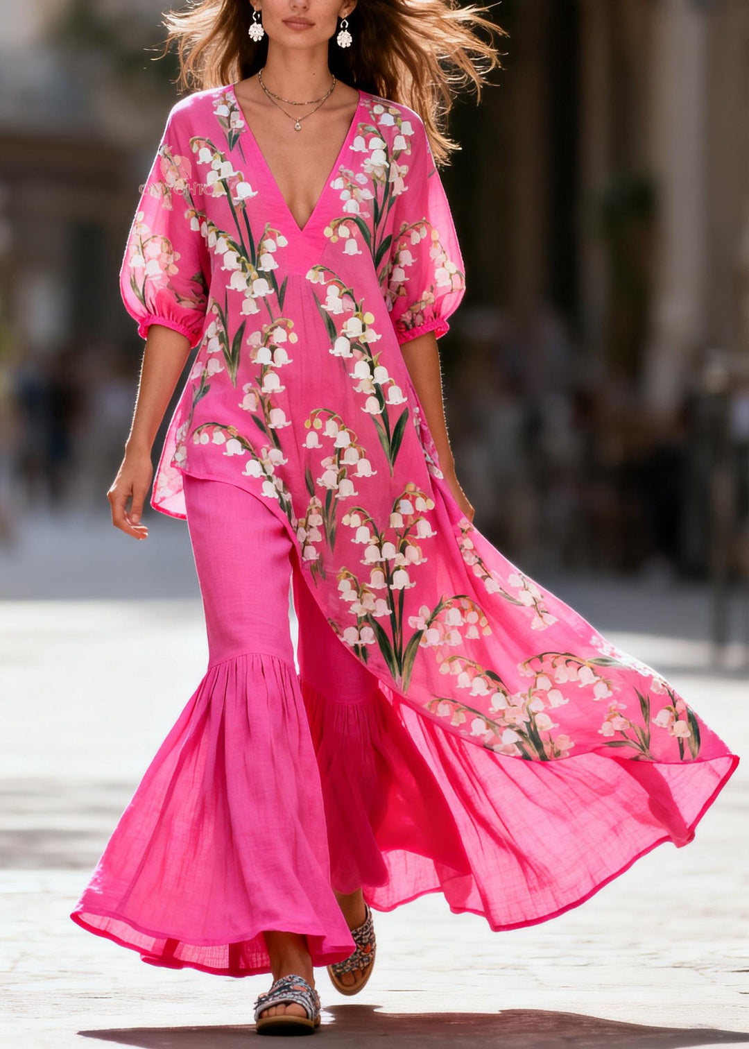 Style Asymmetrical Print Top And Pants Cotton Two Pieces Set Summer