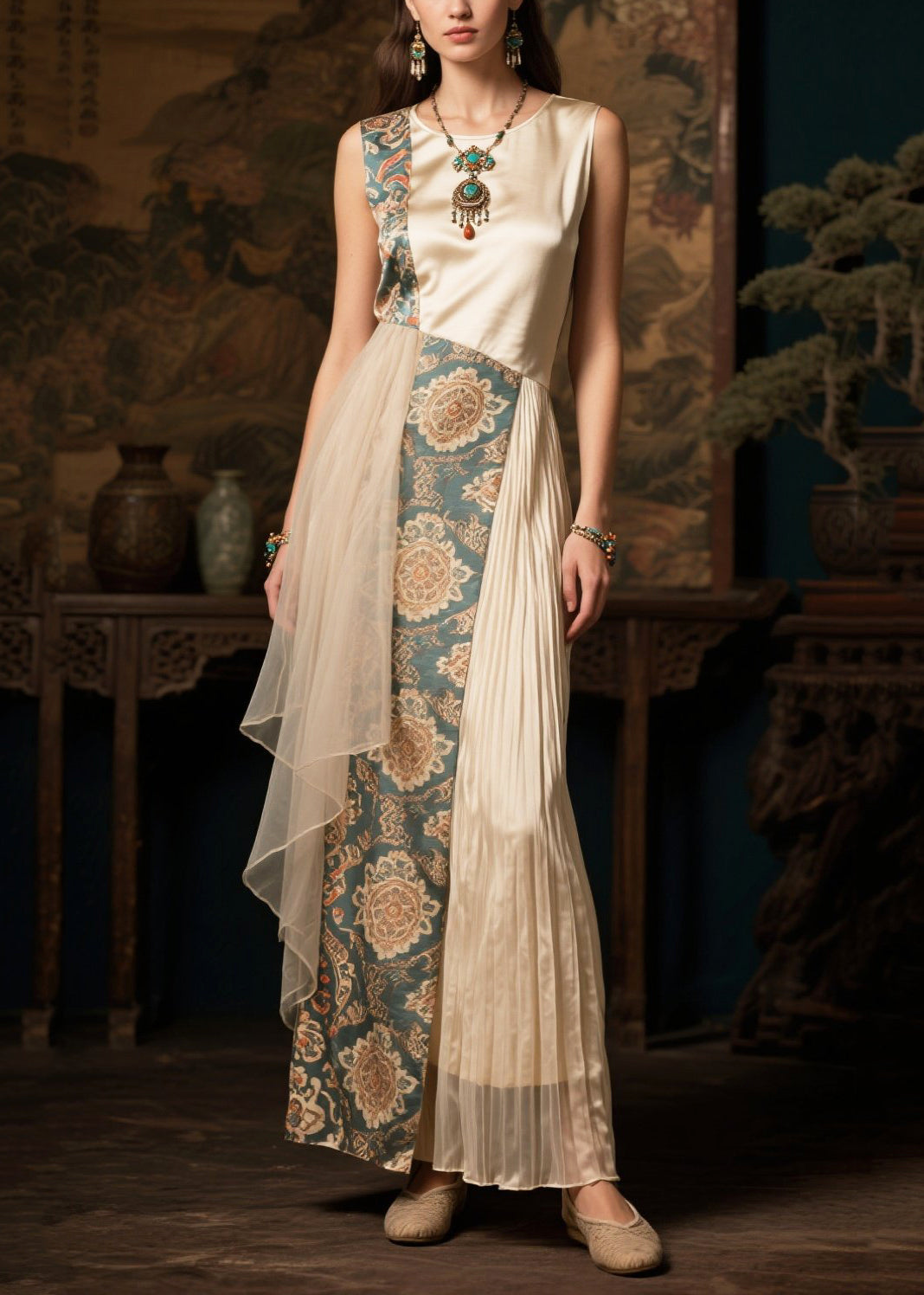 Style Beige Asymmetrical Patchwork Wrinkled Silk Holiday Dress Summer