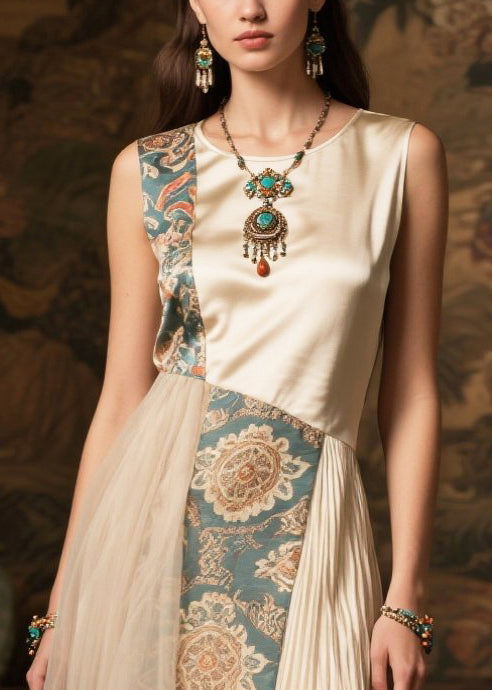 Style Beige Asymmetrical Patchwork Wrinkled Silk Holiday Dress Summer