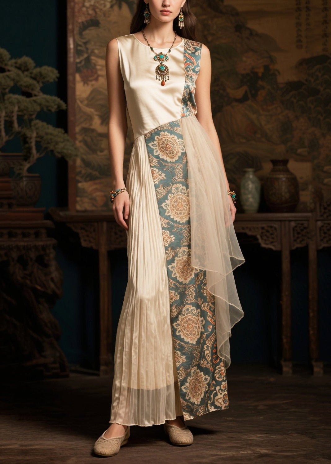 Style Beige Asymmetrical Patchwork Wrinkled Silk Holiday Dress Summer