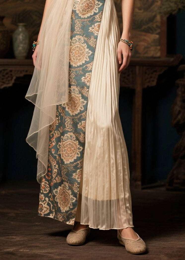 Style Beige Asymmetrical Patchwork Wrinkled Silk Holiday Dress Summer