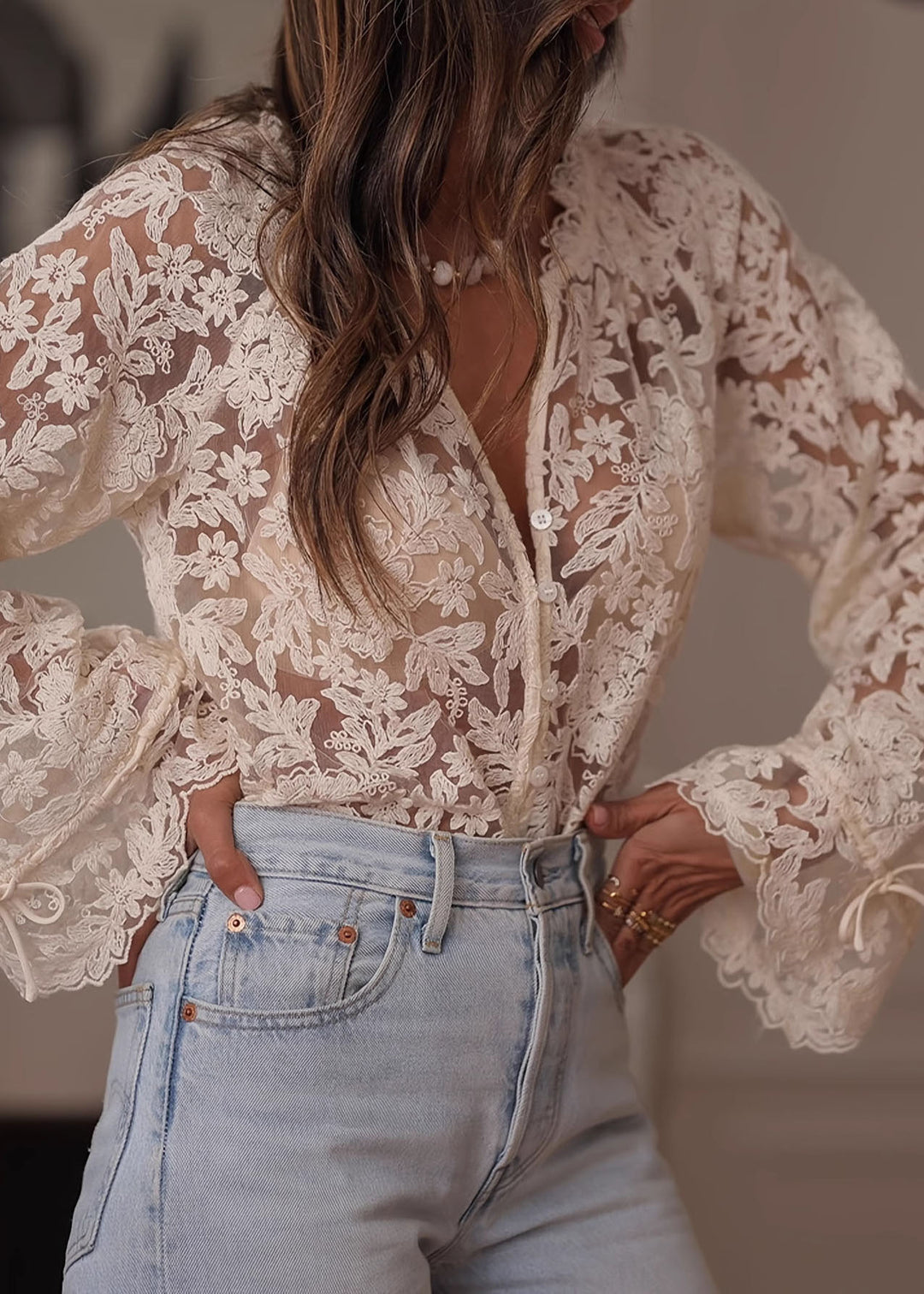 Style Beige Button Patchwork Lace Shirts Top Spring