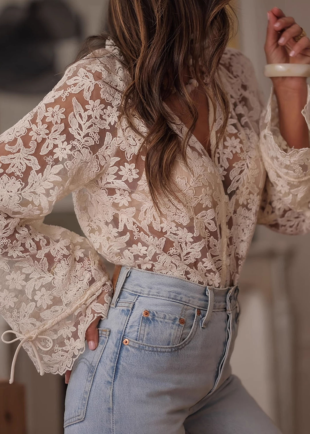 Style Beige Button Patchwork Lace Shirts Top Spring