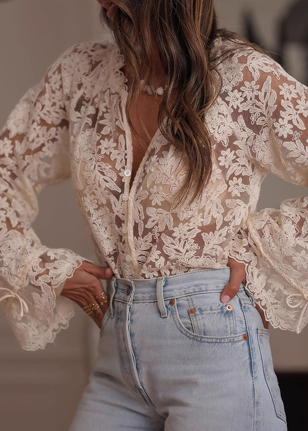 Style Beige Button Patchwork Lace Shirts Top Spring