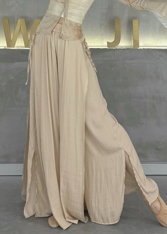 Style Beige Elastic Waist Side Open Cotton Wide Leg Pants Skirt Spring