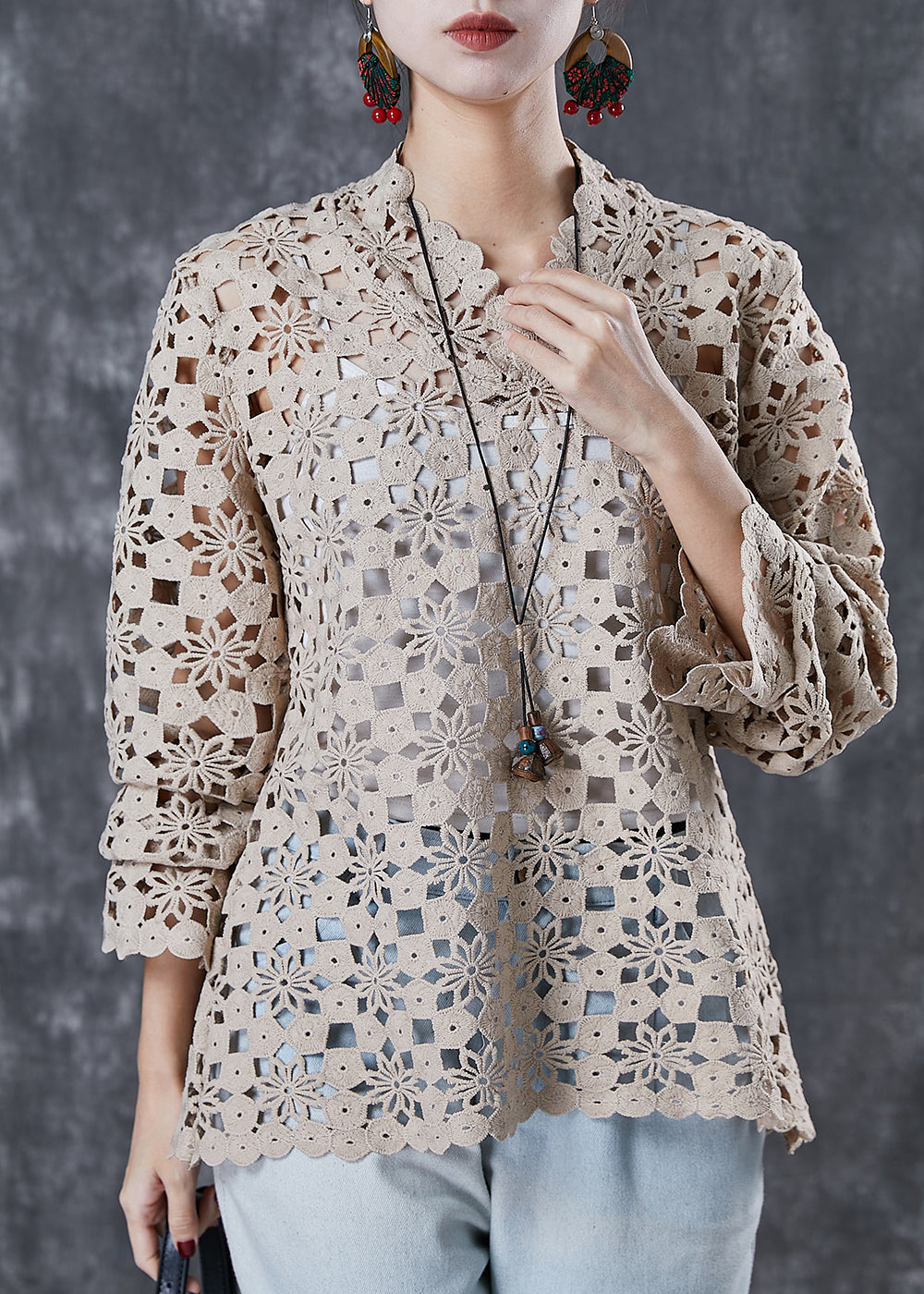 Style Beige Embroidered Hollow Out Smock Spring