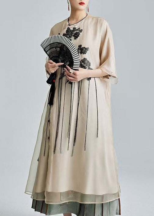 Style Beige Embroidered Tasseled Silk Ankle Dress Summer
