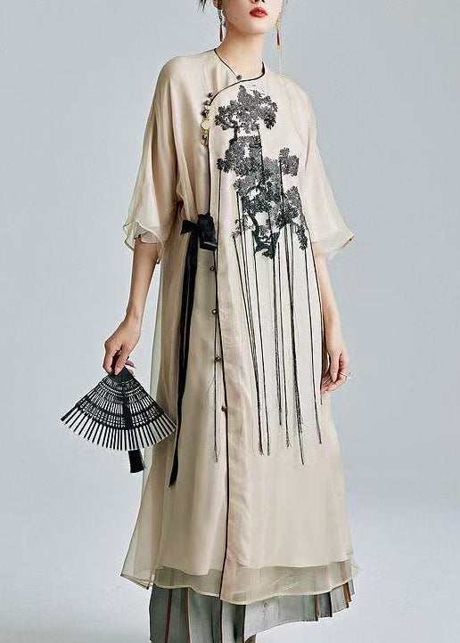 Style Beige Embroidered Tasseled Silk Ankle Dress Summer