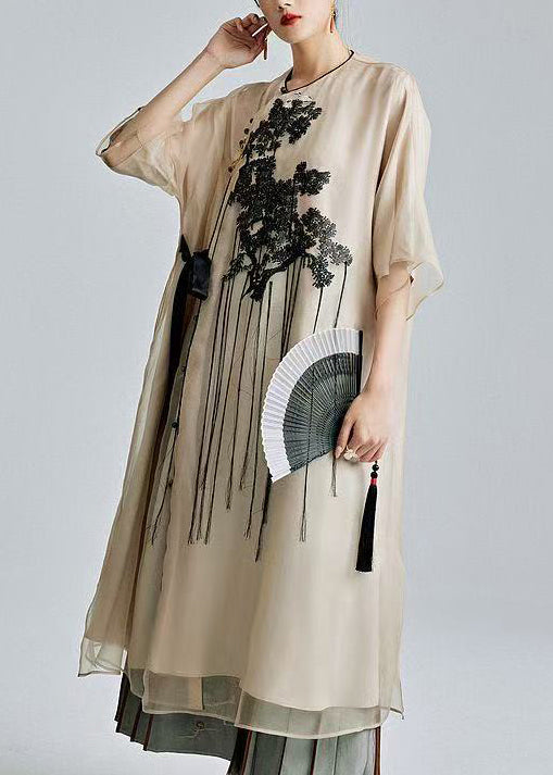 Style Beige Embroidered Tasseled Silk Ankle Dress Summer