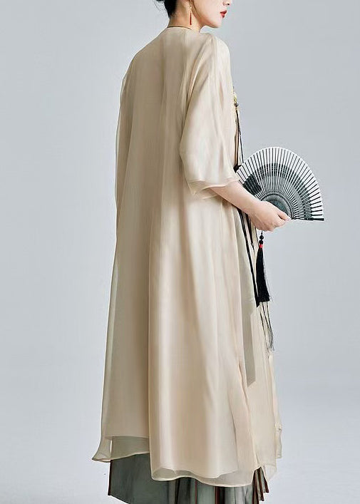 Style Beige Embroidered Tasseled Silk Ankle Dress Summer