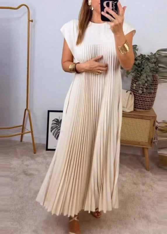 Style Beige O-Neck Wrinkled Solid Long Dress Summer