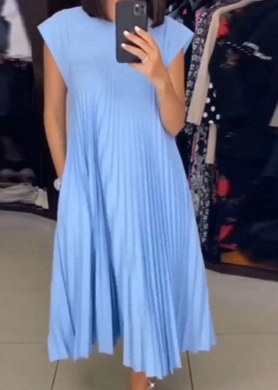 Style Beige O-Neck Wrinkled Solid Long Dress Summer