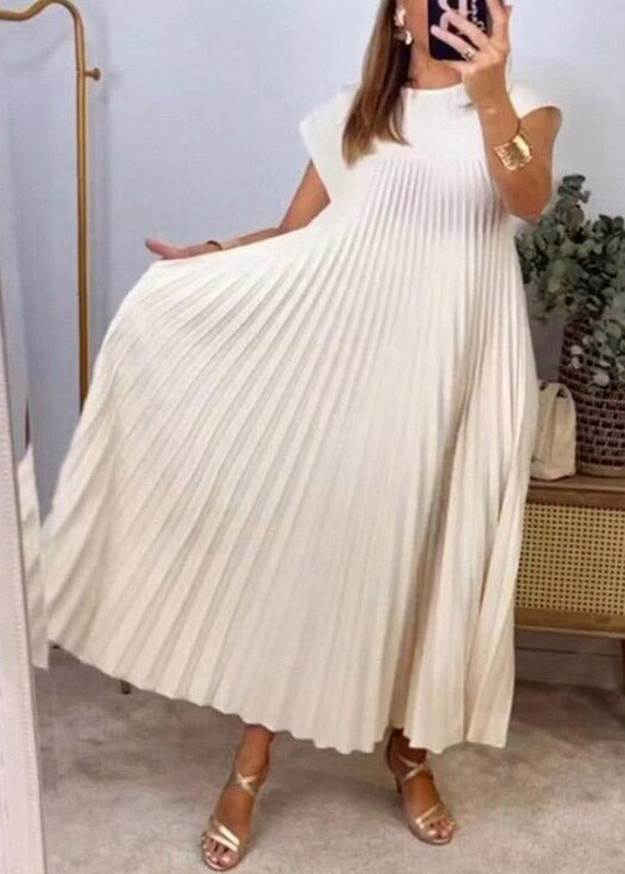 Style Beige O-Neck Wrinkled Solid Long Dress Summer