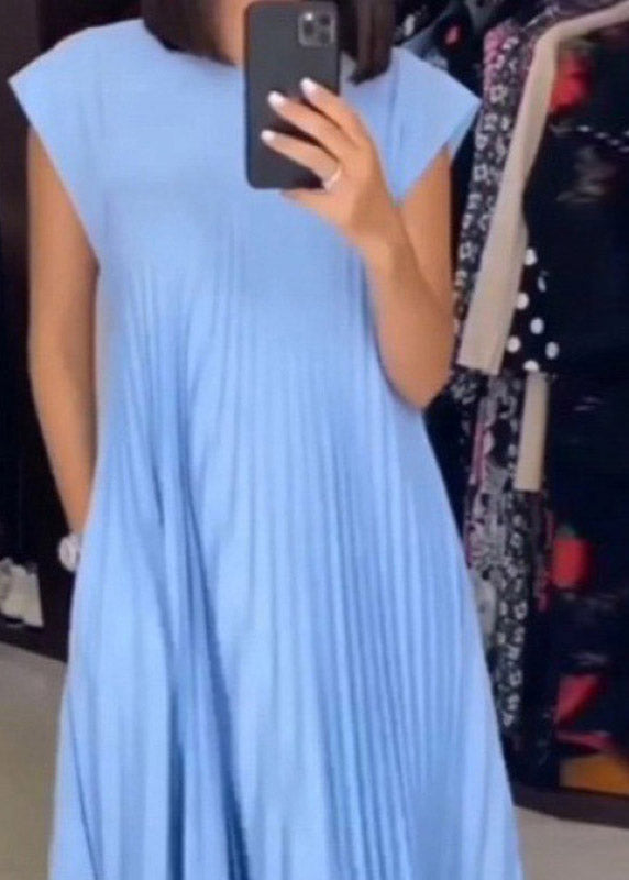 Style Beige O-Neck Wrinkled Solid Long Dress Summer