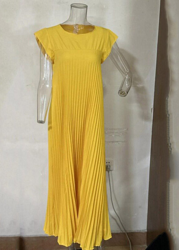 Style Beige O-Neck Wrinkled Solid Long Dress Summer
