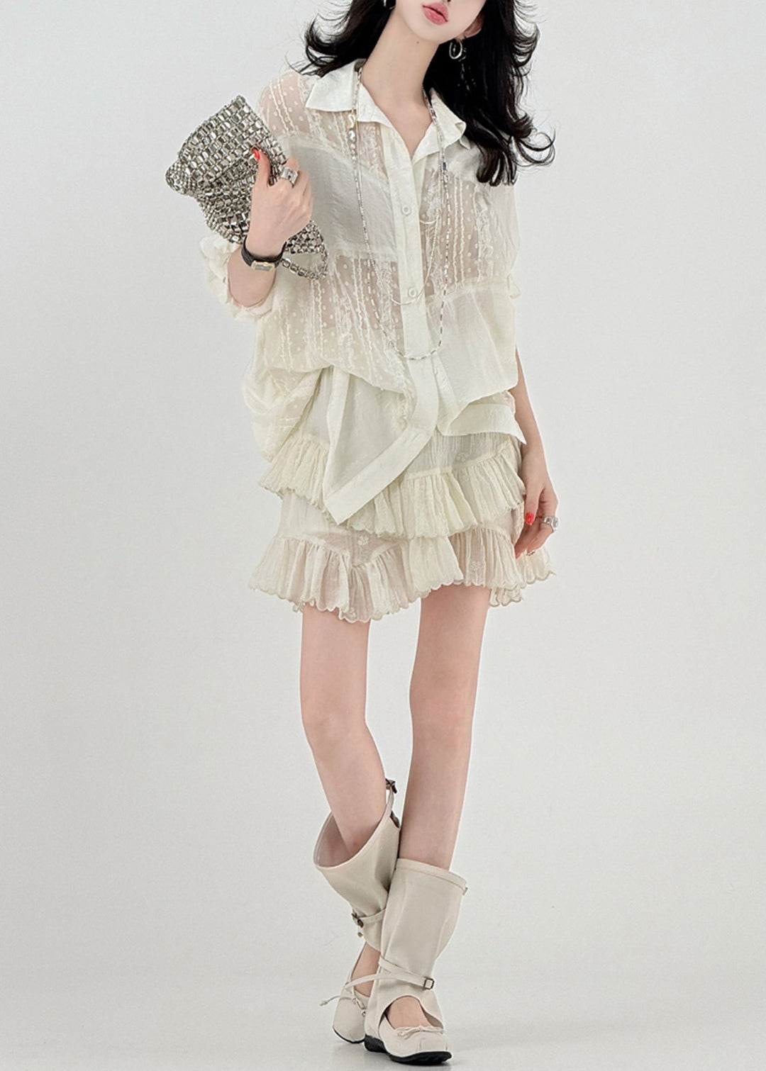 Style Beige Oversized Patchwork Tulle Shirt Tops Spring