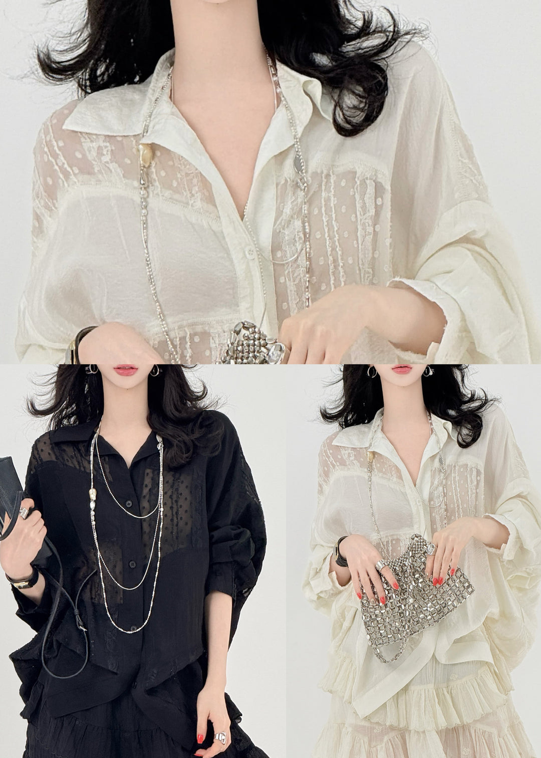 Style Beige Oversized Patchwork Tulle Shirt Tops Spring