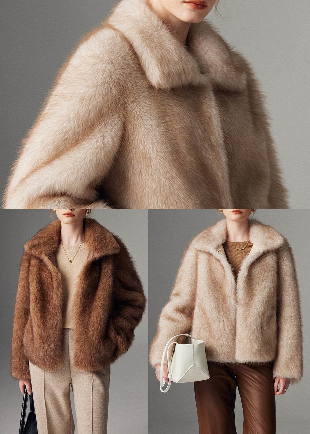Style Beige Oversized Warm Faux Fox Fur Trench Winter