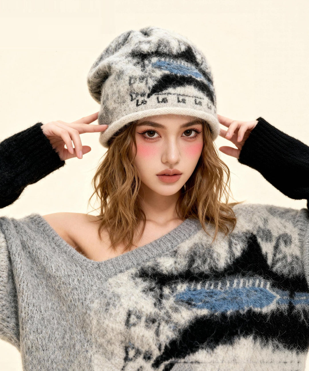 Style Beige Print Warm Cashmere Knit Bonnie Hat
