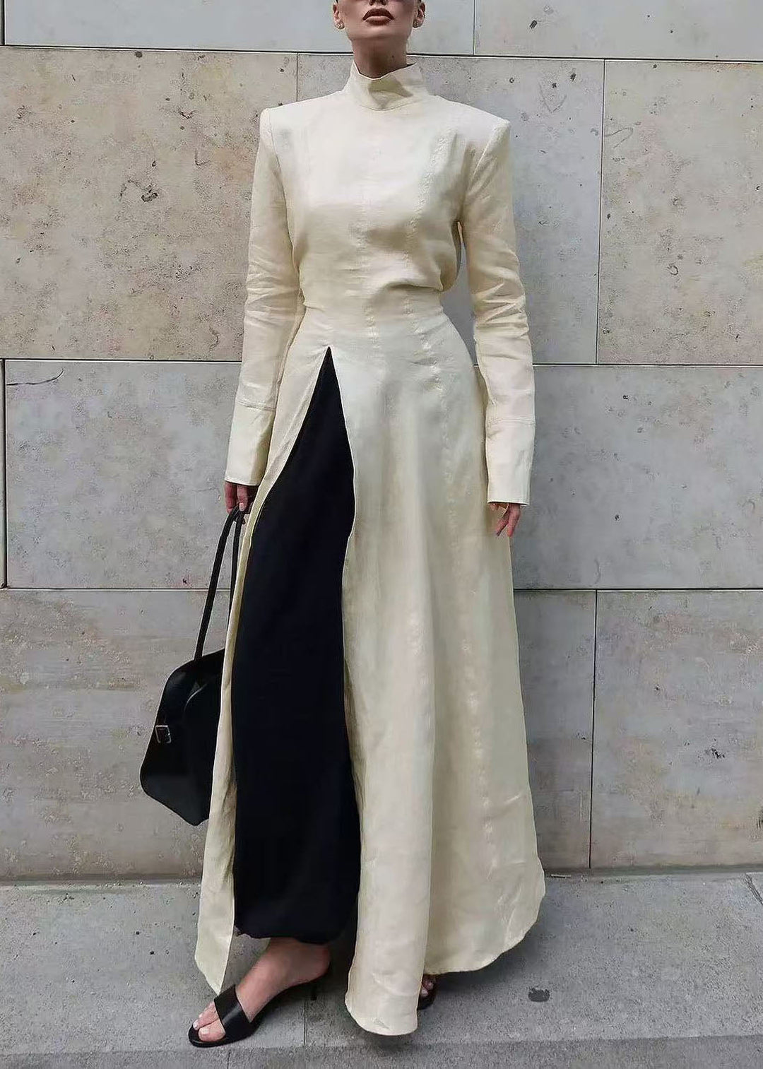 Style Beige Stand Collar Side Open Patchwork Cotton Dress Fall