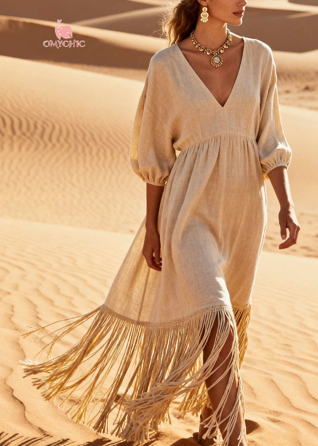 Style Beige Tasseled Oversized Linen Long Dresses Summer