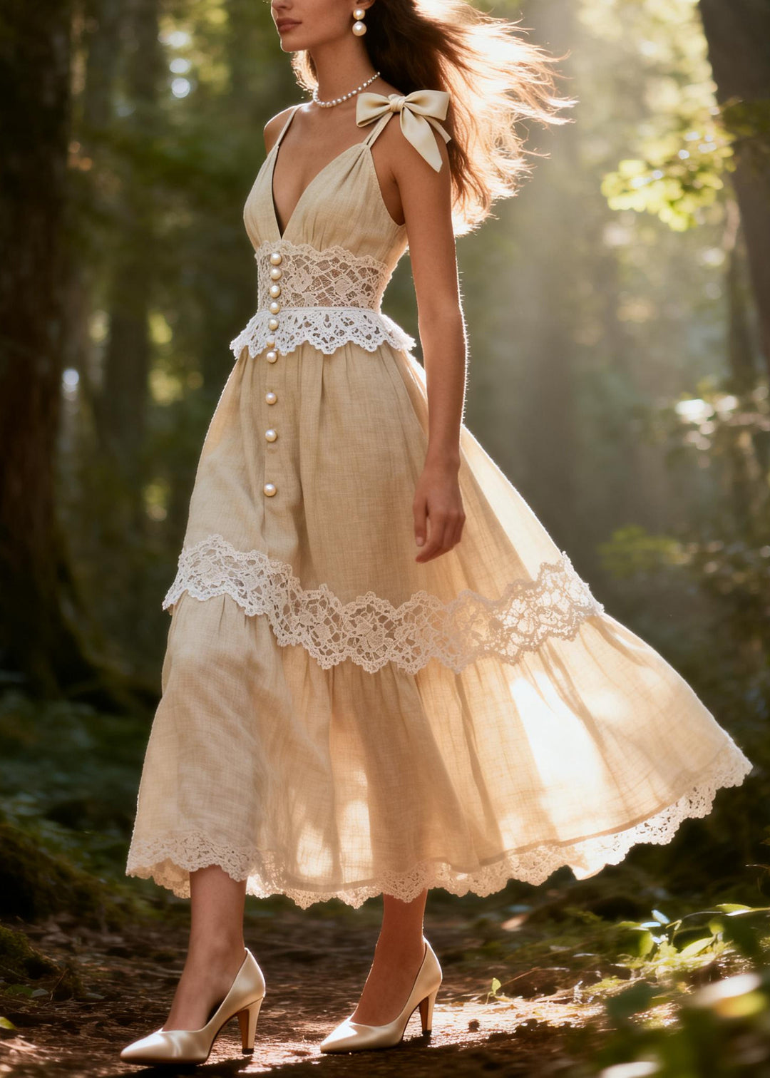 Style Beige V Neck Patchwork Fine Pearl Cotton Spaghetti Strap Dress Summer