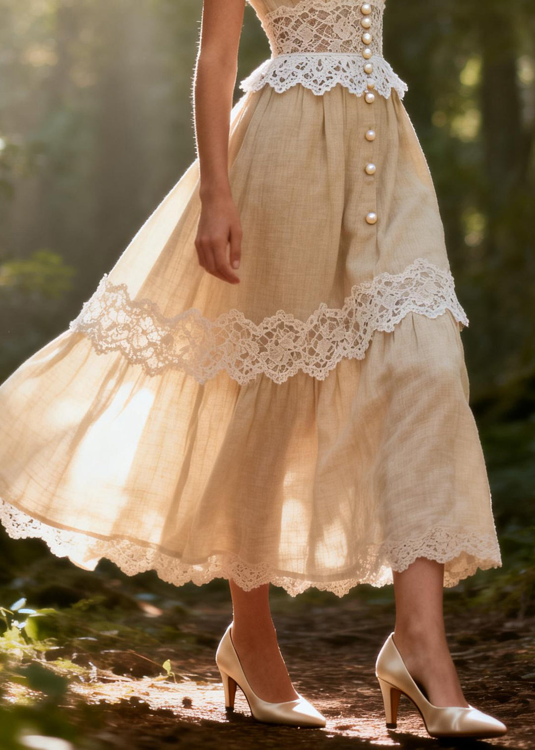 Style Beige V Neck Patchwork Fine Pearl Cotton Spaghetti Strap Dress Summer