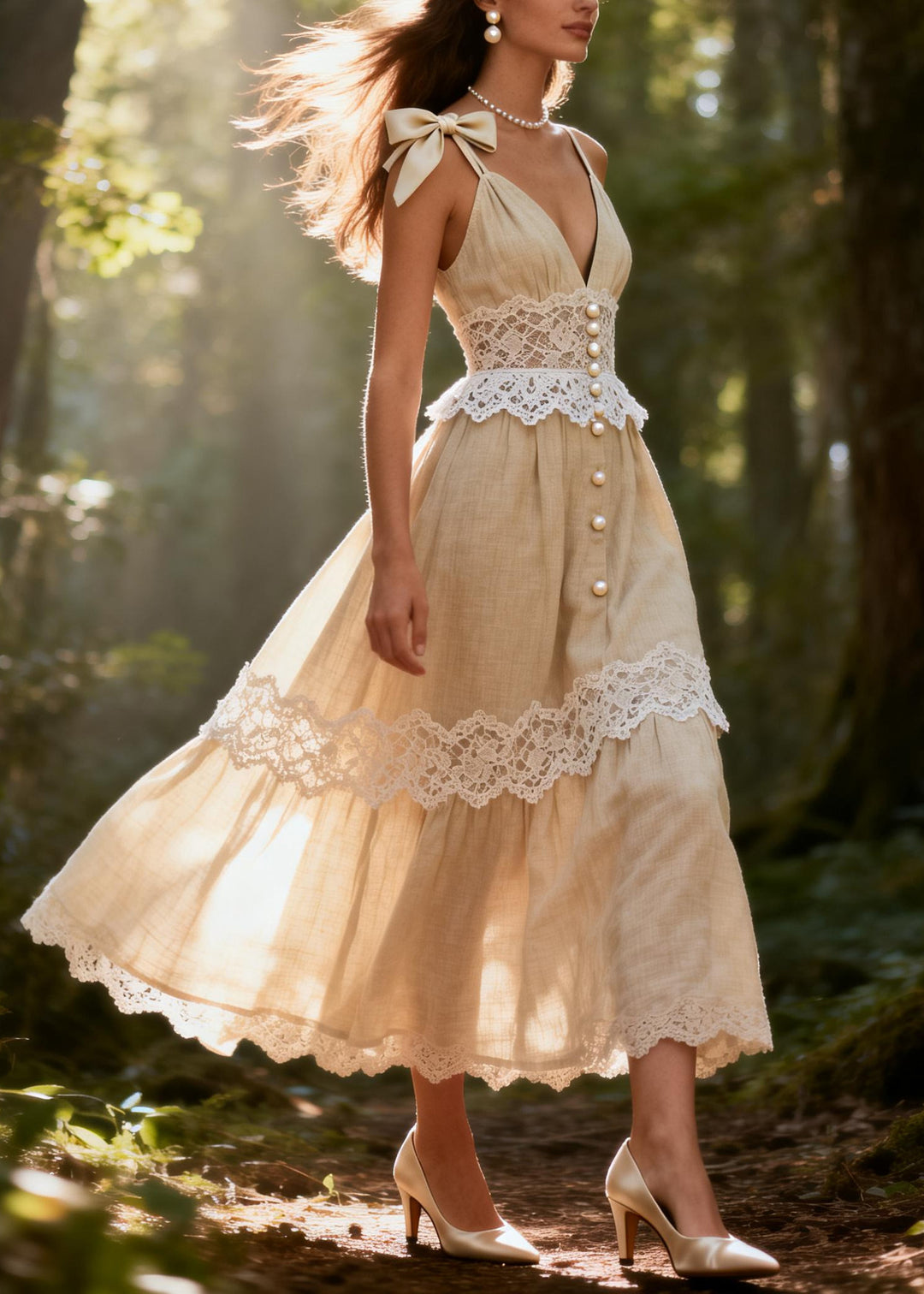 Style Beige V Neck Patchwork Fine Pearl Cotton Spaghetti Strap Dress Summer