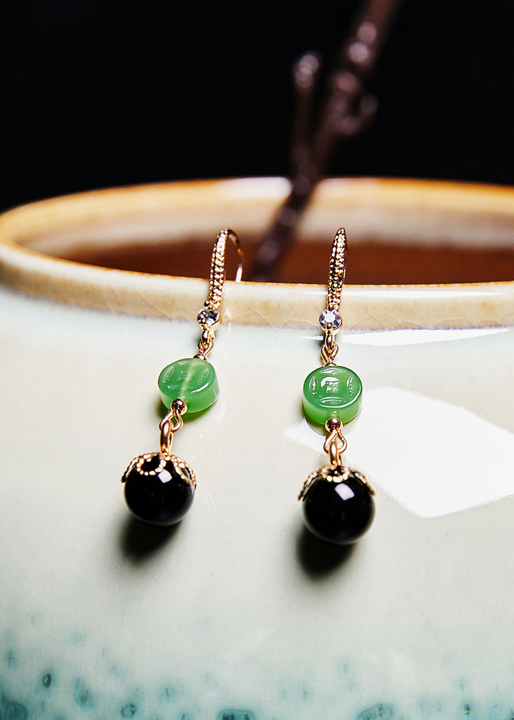 Style Black Agate Tassels Jade Drop Earrings