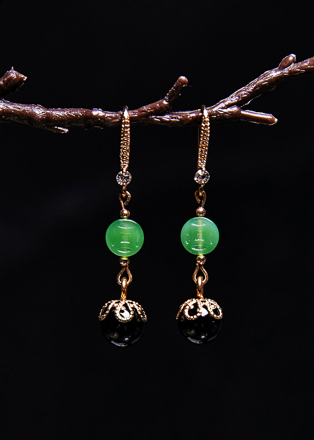 Style Black Agate Tassels Jade Drop Earrings