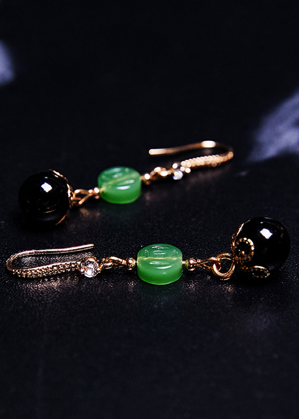 Style Black Agate Tassels Jade Drop Earrings