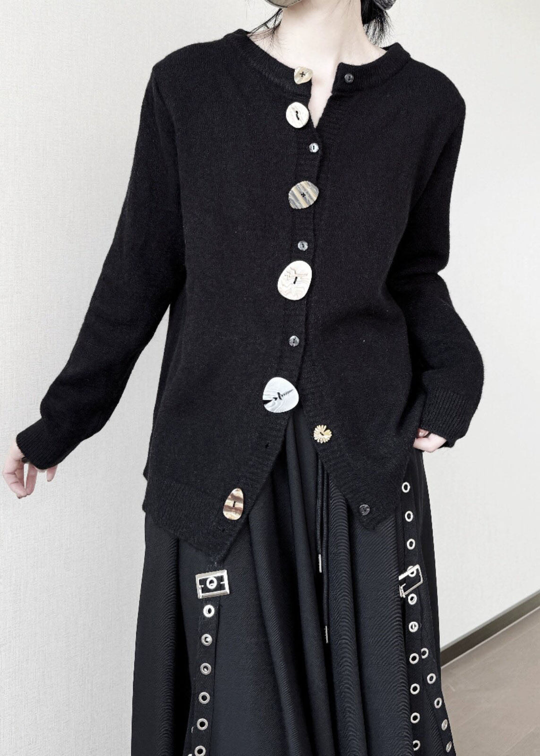 Style Black Asymmetrical Button Knit Cardigans Winter