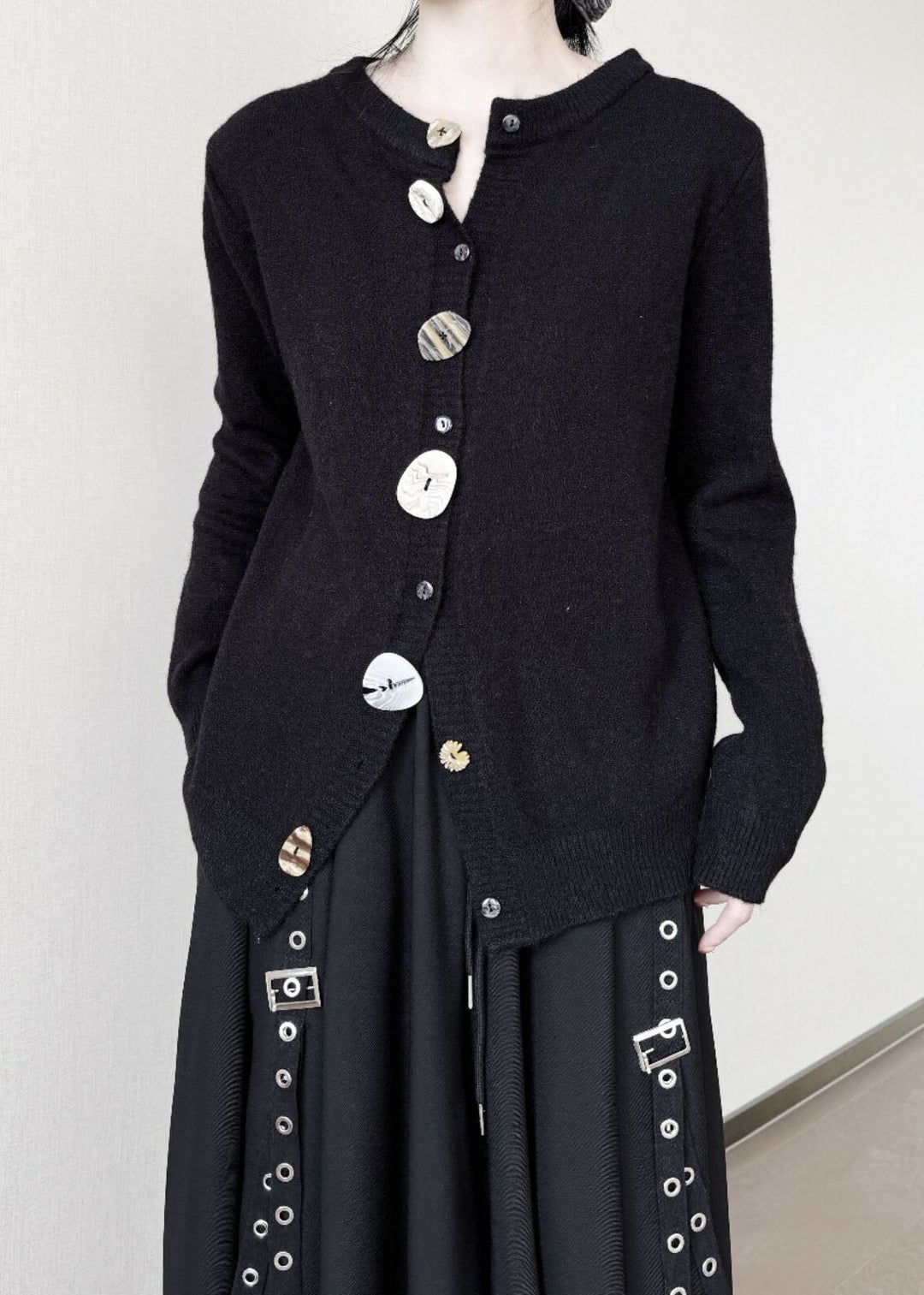Style Black Asymmetrical Button Knit Cardigans Winter