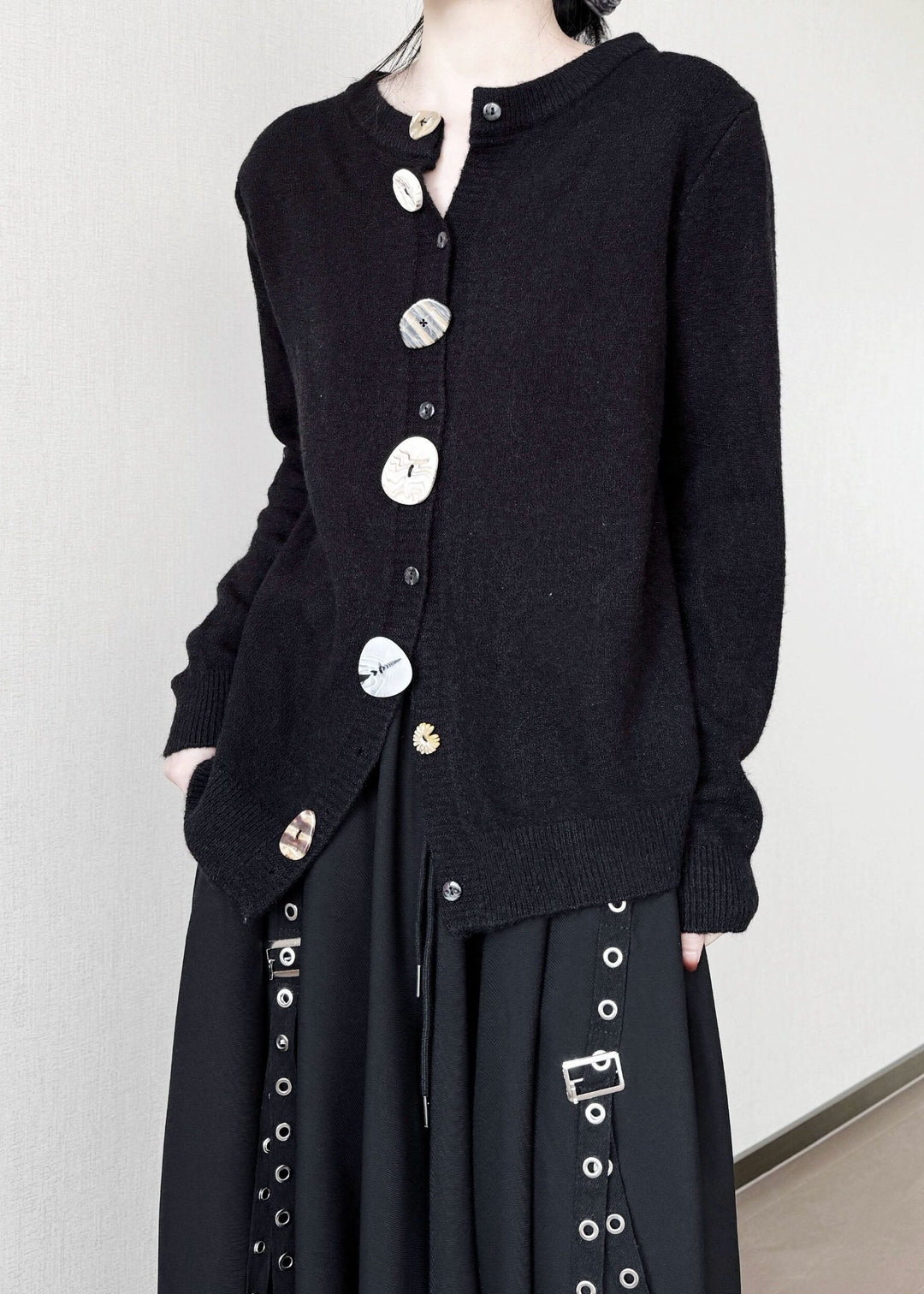 Style Black Asymmetrical Button Knit Cardigans Winter