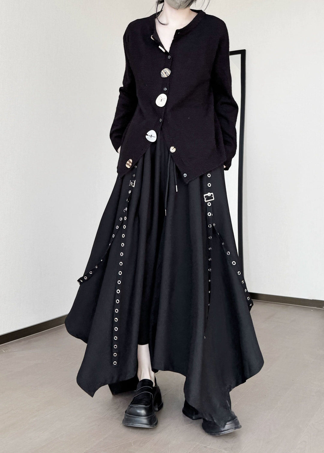 Style Black Asymmetrical Button Knit Cardigans Winter