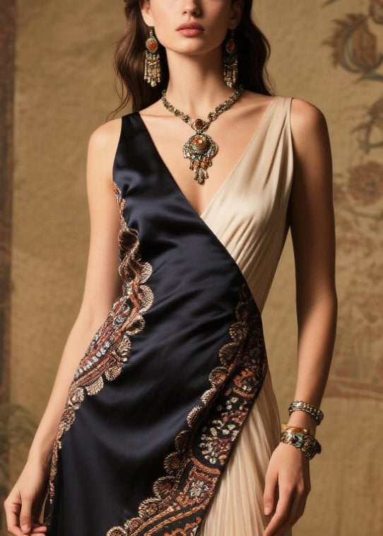 Style Black Asymmetrical Patchwork Wrinkled Silk Vestidos Dress Summer