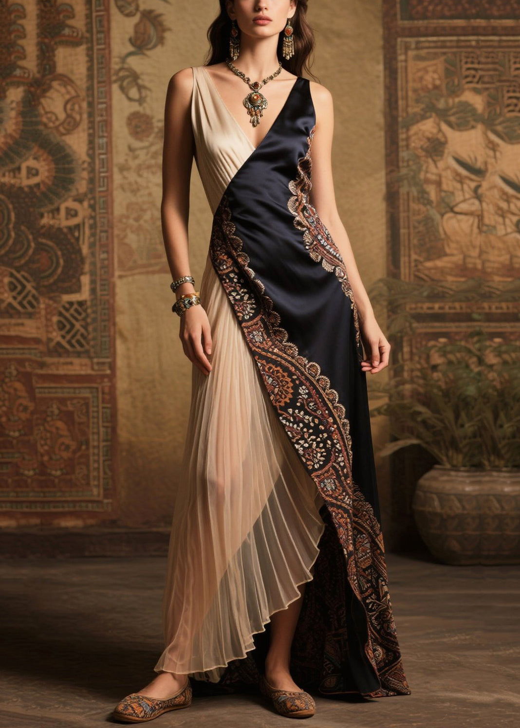 Style Black Asymmetrical Patchwork Wrinkled Silk Vestidos Dress Summer
