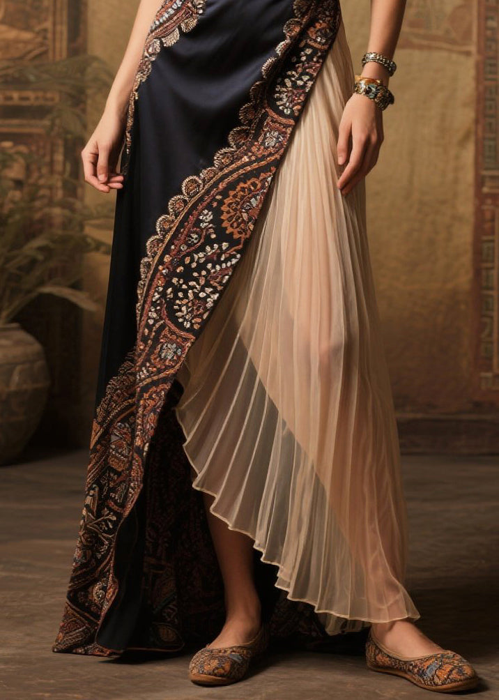 Style Black Asymmetrical Patchwork Wrinkled Silk Vestidos Dress Summer