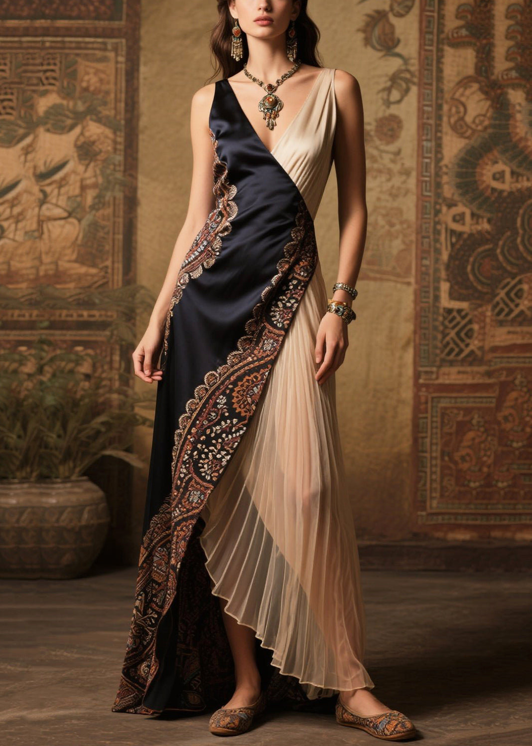 Style Black Asymmetrical Patchwork Wrinkled Silk Vestidos Dress Summer