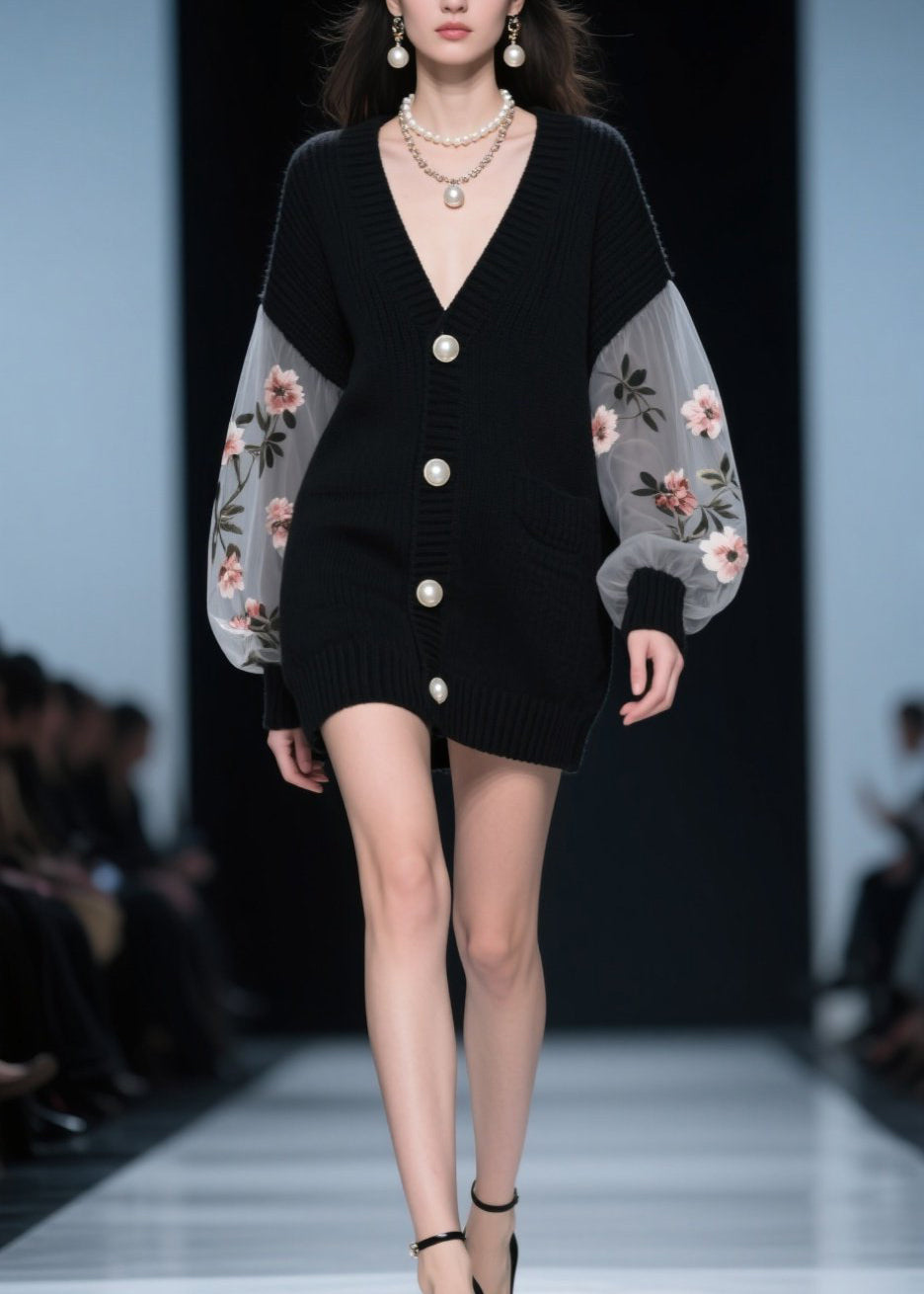 Style Black Button Tulle Floral Patchwork Knit Cardigan Fall