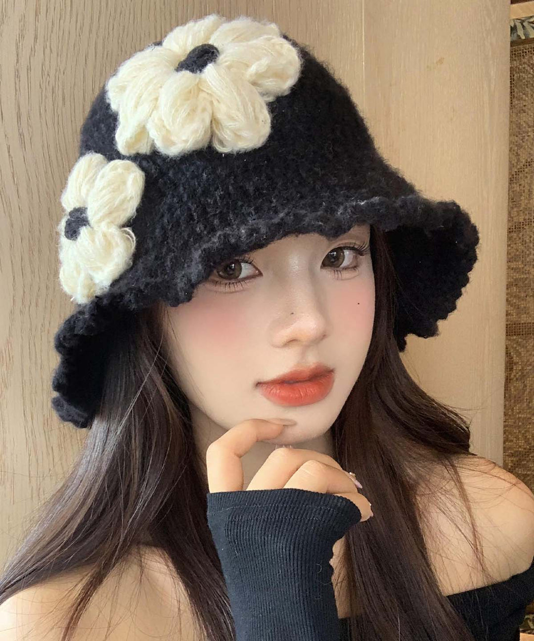 Style Black Cozy Warm Floral Knit Bucket Hat