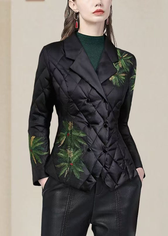 Style Black Embroidered Button Duck Down Puffer Jacket Winter