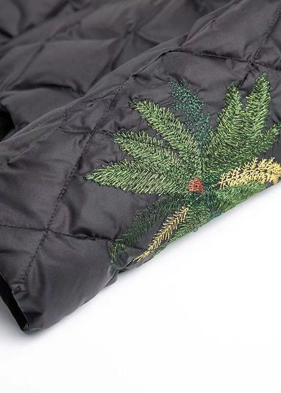 Style Black Embroidered Button Duck Down Puffer Jacket Winter