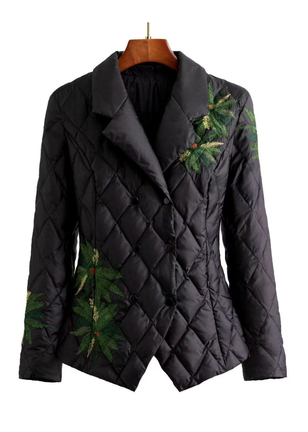 Style Black Embroidered Button Duck Down Puffer Jacket Winter
