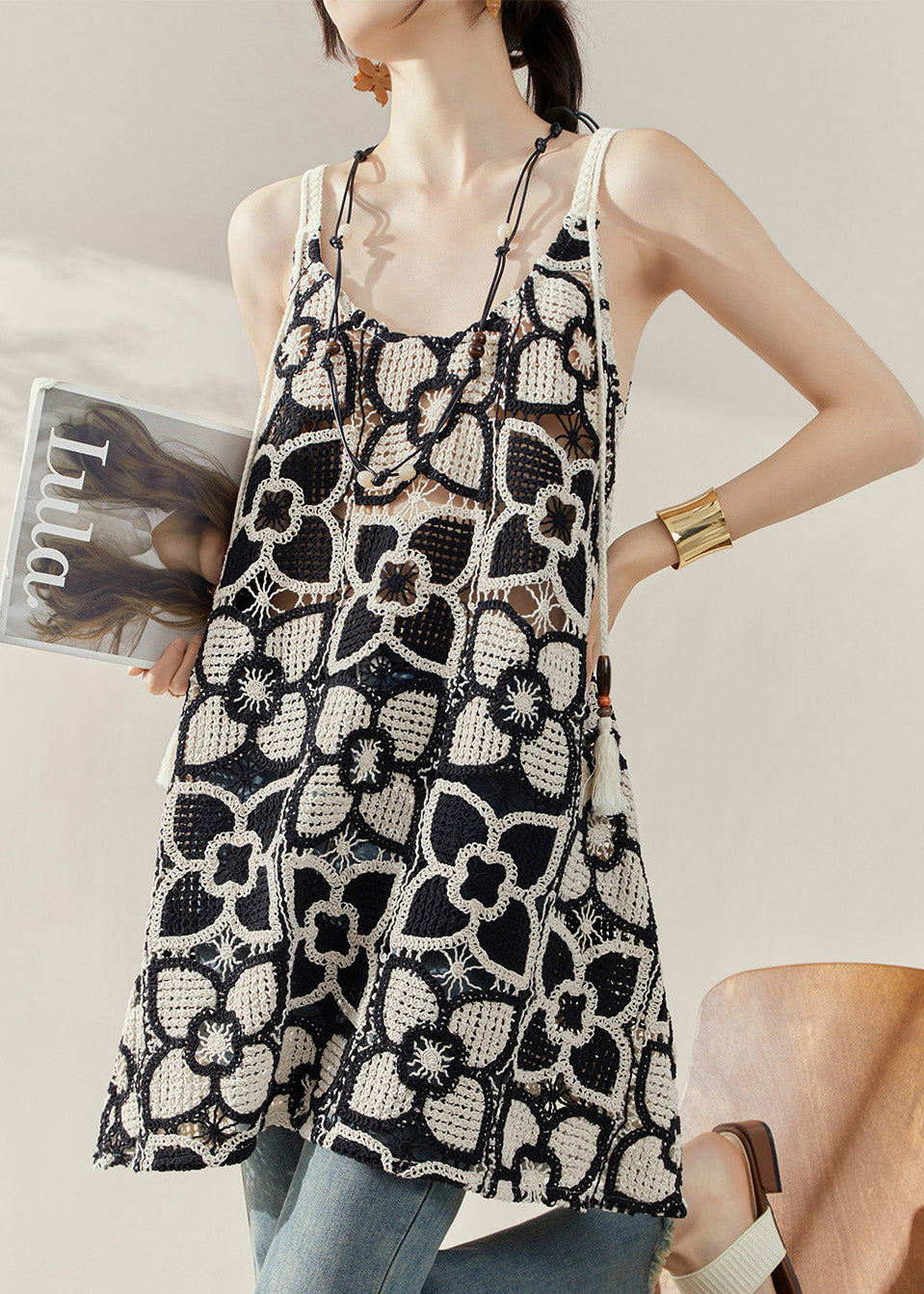 Style Black Embroidered Floral Hollow Out Mid Spaghetti Strap Dress Summer