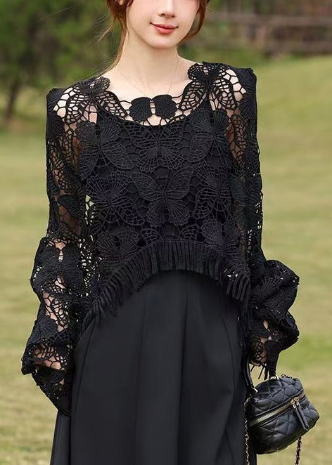 Style Black Embroidered Hollow Out Tasseled Top Fall