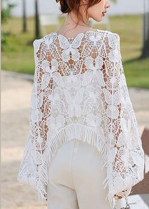 Style Black Embroidered Hollow Out Tasseled Top Fall