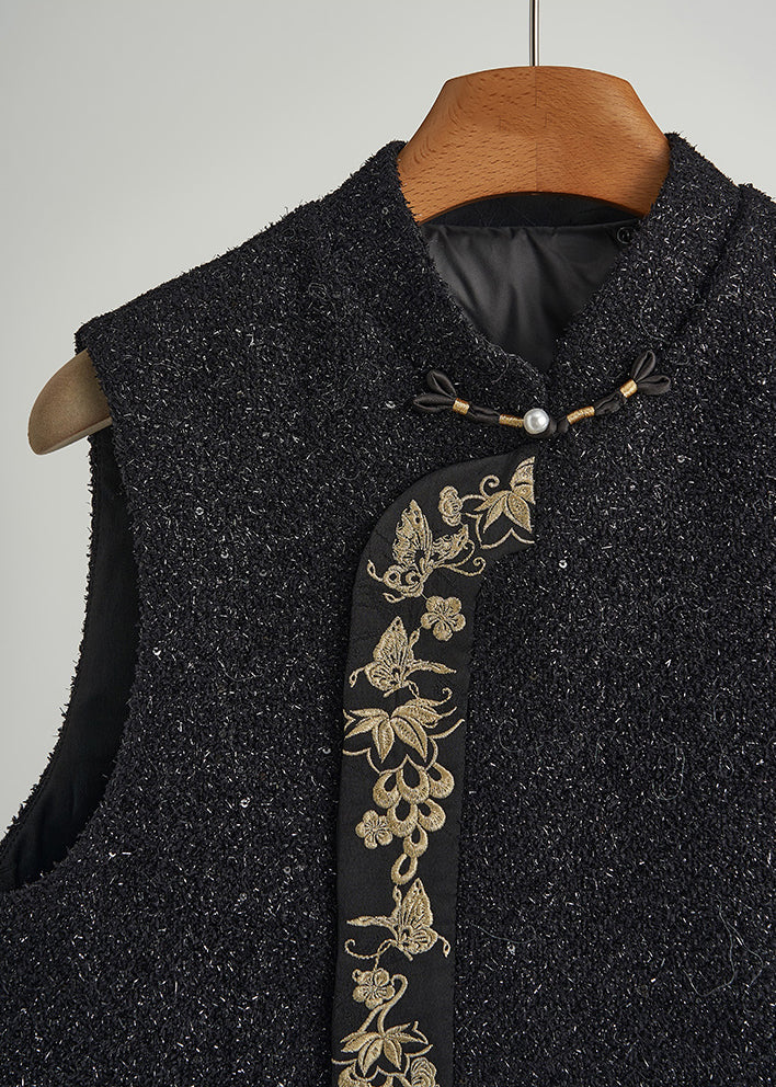 Style Black Embroidered Patchwork Feather Woolen Vests Fall