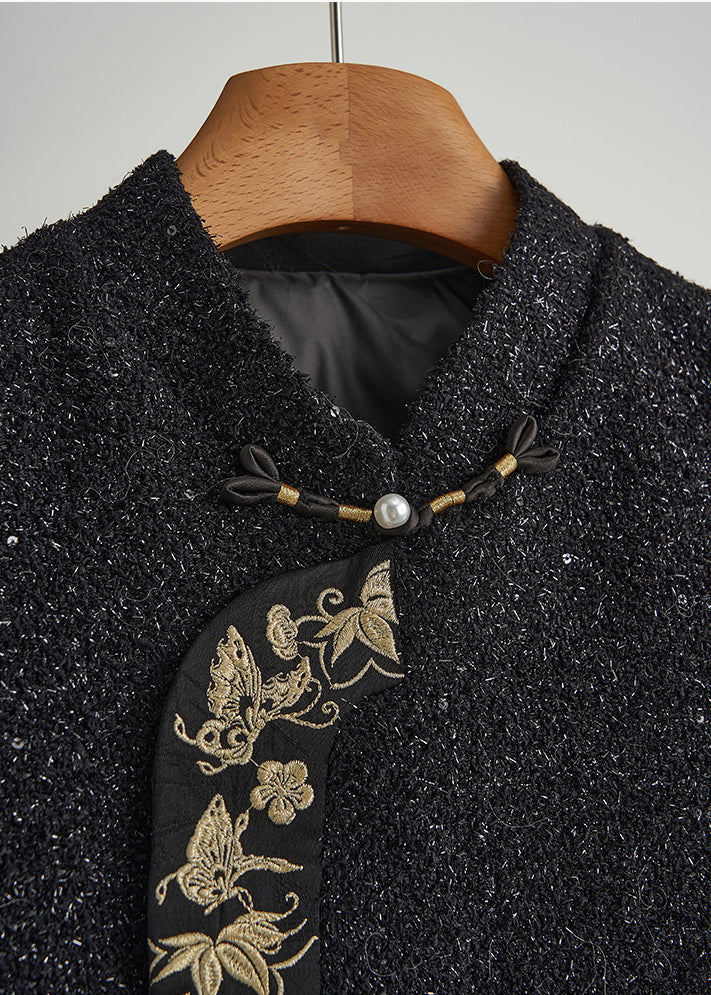 Style Black Embroidered Patchwork Feather Woolen Vests Fall